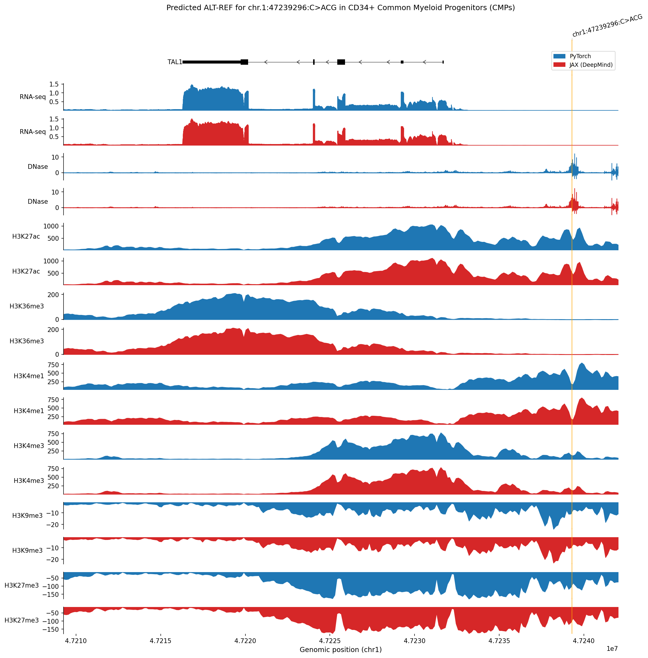 Predicted alternate versus reference sequence for CD34+ common myeloid progenitors (CMPs) in chr1 (Figure 6b)