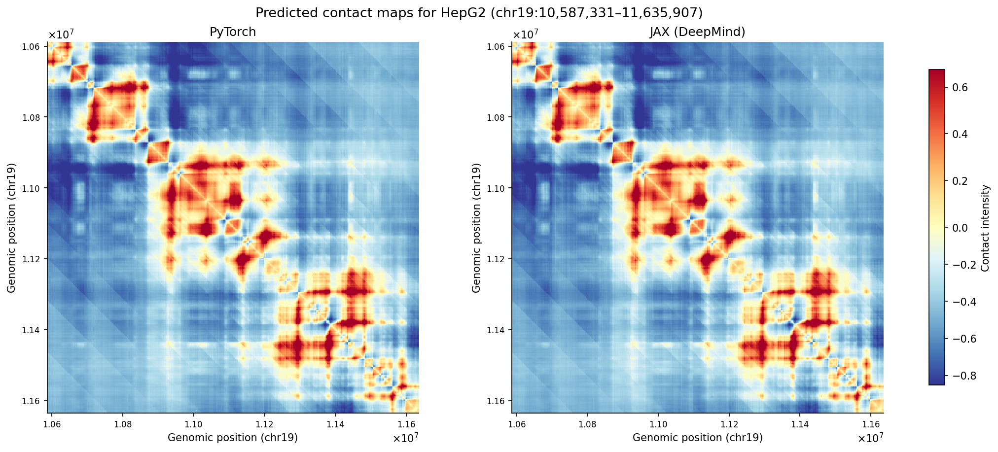 Predicted contact maps for HepG2 in chr19 (Figure 2a)