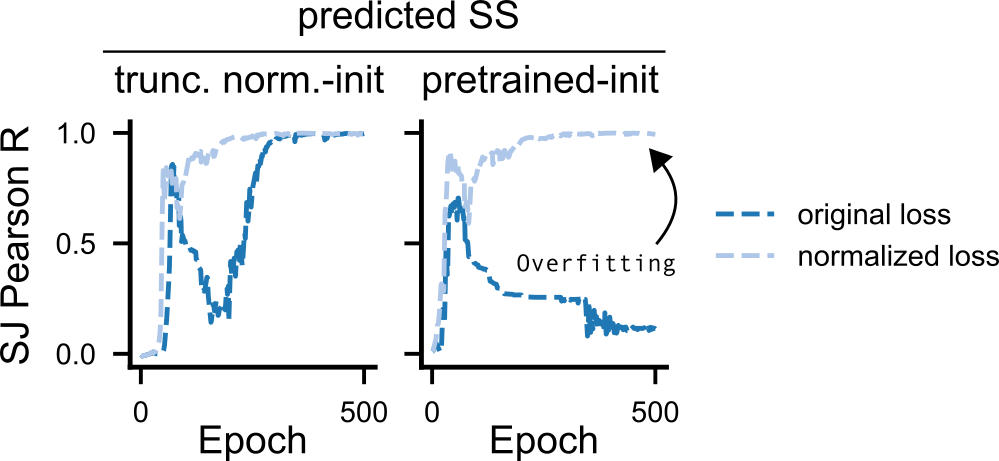 Debugging the splice junction head: loss formulation. Figure 8. Debugging the splice junction head: single-interval overfitting loss comparing the original (--junction-loss original) vs. ratio-normalized (--junction-loss normalized) junction cross-entropy formulation, across pretrained/random initialization and annotated/predicted splice site position sources.
