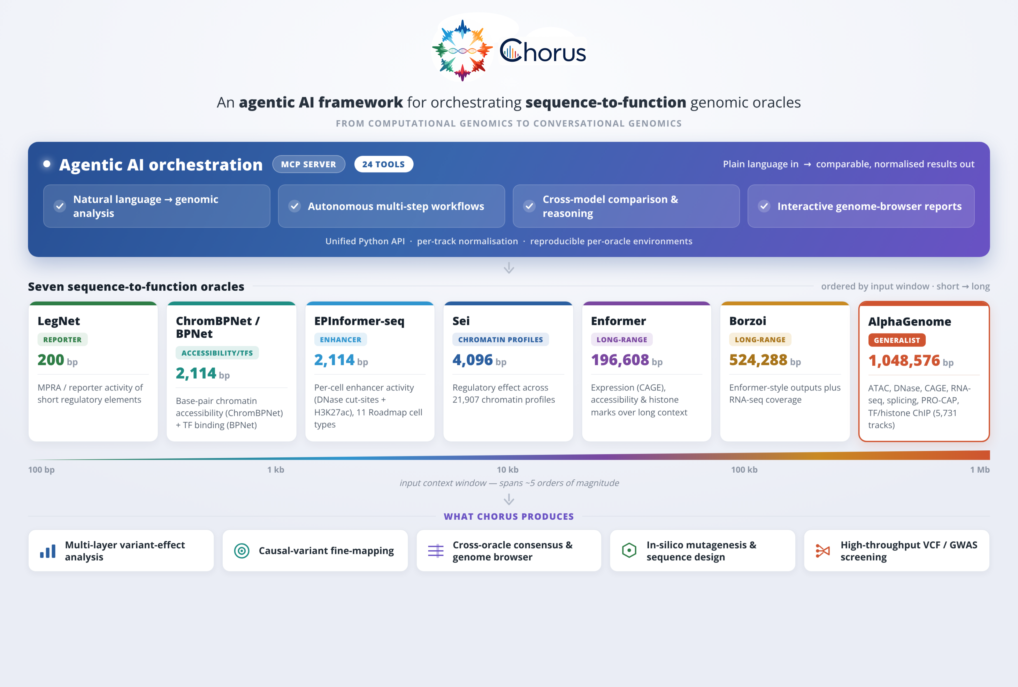 Figure 1. Chorus exposes seven seq2func oracles behind one interface and an agentic layer. The same analysis can be driven programmatically through a unified Python API or conversationally through an MCP server. Chorus turns seven sequence-to-function models into interchangeable oracles and lets an AI agent orchestrate them from natural language.