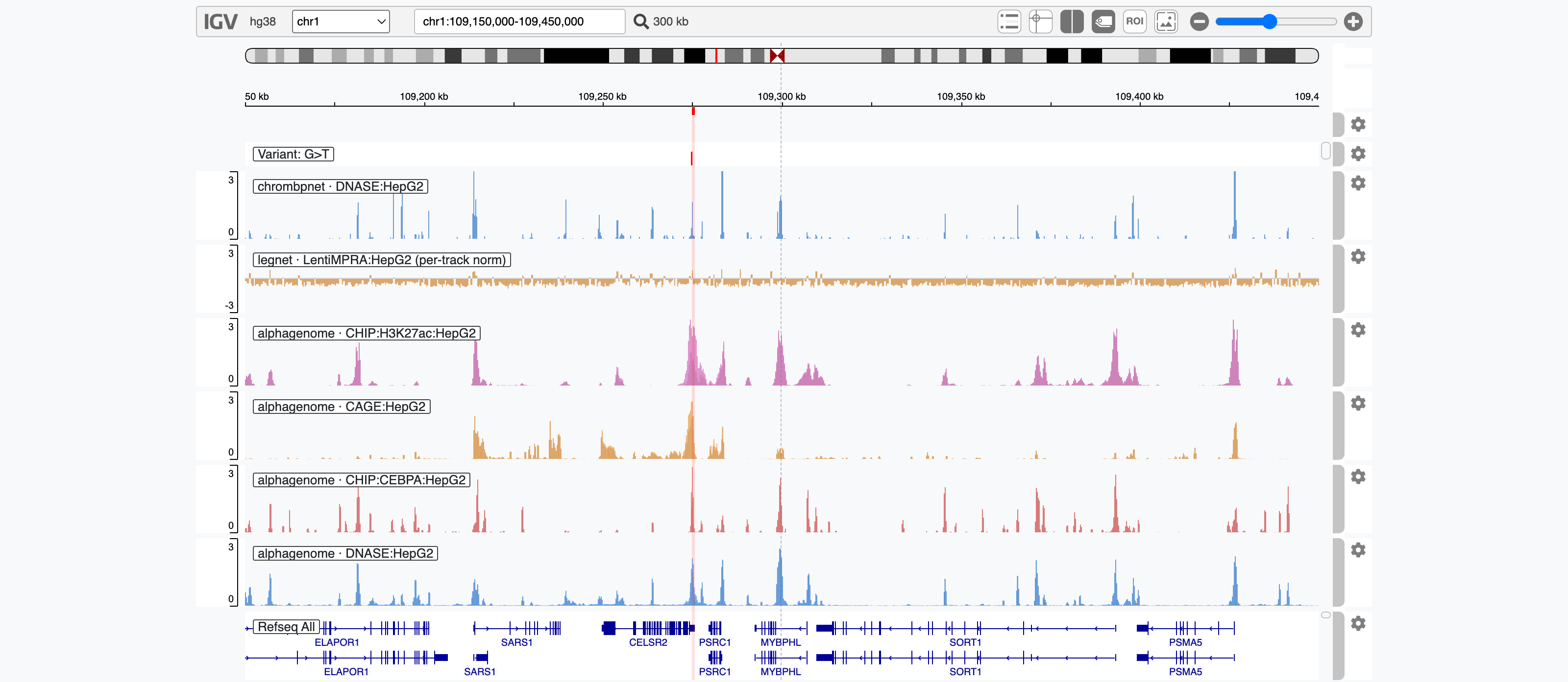 Figure 4. Every oracle's signal on one normalised genome-browser axis across the SORT1 locus (chr1:109.15β109.45 Mb): ChromBPNet DNase, LegNet MPRA, and AlphaGenome H3K27ac / CAGE / CEBPA / DNase, with the G>T variant marked (red). After per-track quantile normalisation the tracks are directly comparable; the signal concentrates at the variant and the CELSR2/PSRC1 enhancer, while SORT1 (~100 kb away) is reached only by AlphaGenome's long window. Every oracleβs signal on a single genome-browser axis across the SORT1 locus.