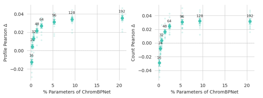 Two scatter plots showing Cherimoya’s profile-Pearson and count-Pearson gain over ChromBPNet as a function of model size (percent of ChromBPNet’s parameters, 16–192 filters). Both gains rise steeply and plateau by roughly 128 filters, while profile predictions keep improving after counts level off.