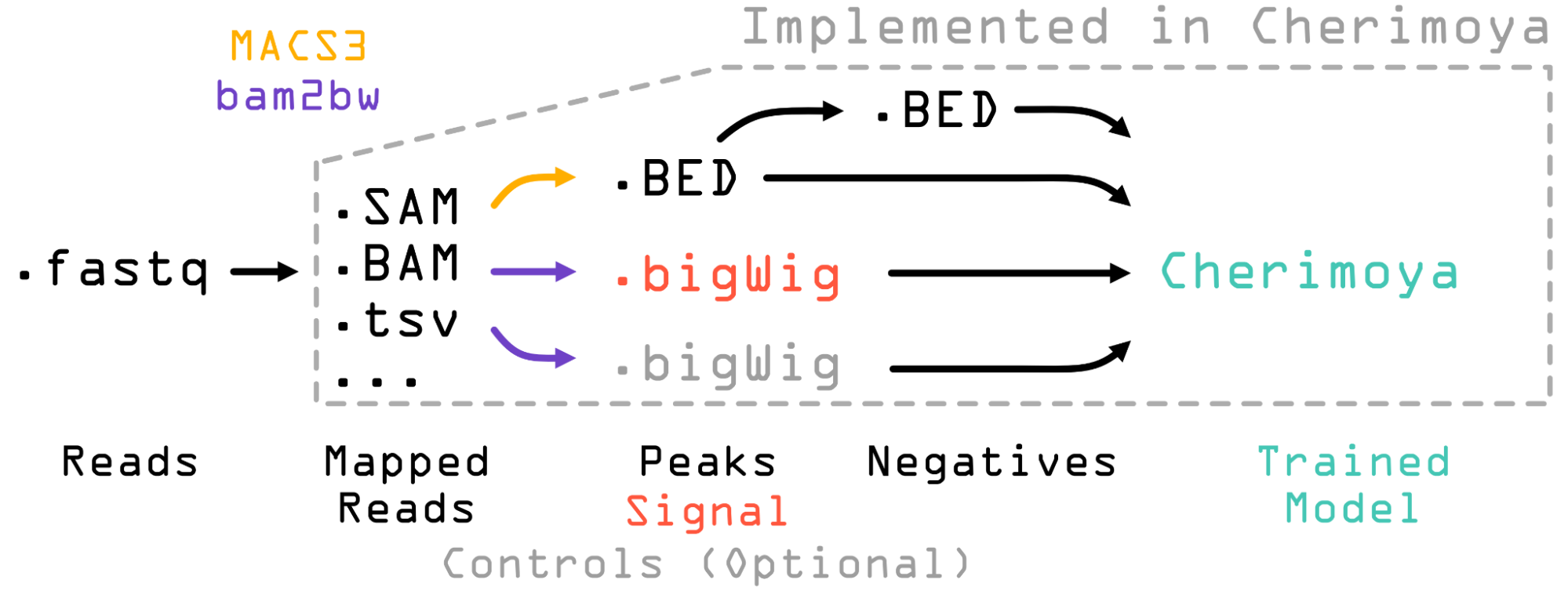 Flow diagram of the Cherimoya pipeline: raw reads (fastq) are mapped to SAM/BAM/tsv, then converted via MACS3 and bam2bw into peaks (BED), signal (bigWig), negatives (BED), and optional control tracks, all feeding into a trained Cherimoya model. Steps implemented within Cherimoya are boxed.